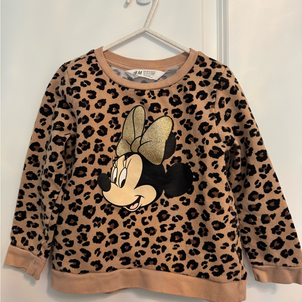 H&M Girls Brown Leopard Minnie Mouse Sweatshirt Size 4-6 Cheetah Crewneck Cozy